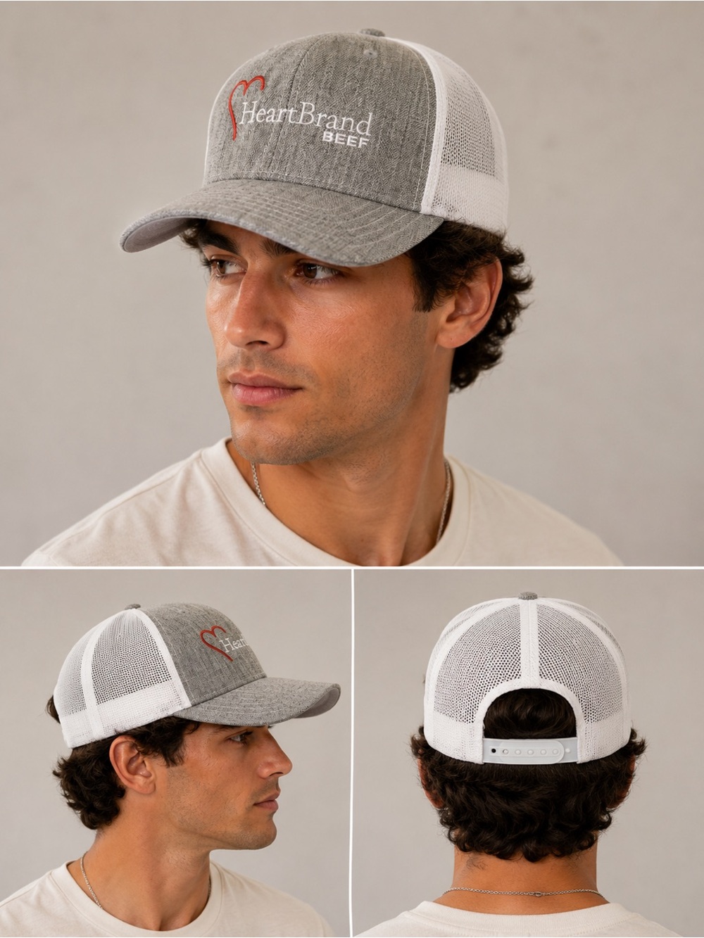 HeartBrand Beef Trucker Hat Gray White Mesh Snapback Cap unisex